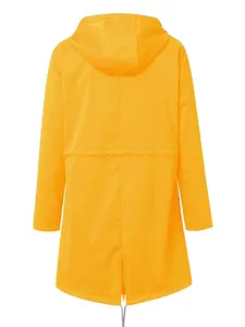 Back view of a vibrant yellow hooded windbreaker featuring a zippered hem detail.