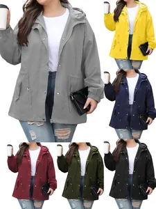 Women Plus Size Outdoor Hooded Jacket Waterproof Windproof Drawstring Waist Hiking Jacket Long Sleeve Solid Color Outerwear Top