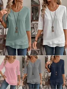 Women's Casual V-Neck Flutter Sleeve Blouse Solid Color Polyester Stitching Top For Summer Daily Office Wear