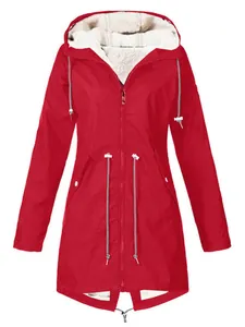 Front view of women's red fleece-lined hooded outdoor jacket with adjustable drawstring waist.