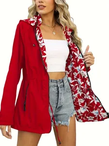 Women's slim waterproof red windbreaker jacket with stylish floral lining and hood