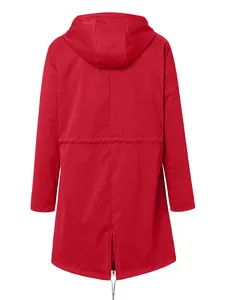 Back view of a red hooded outdoor mountain jacket with drawstring waist and split hem