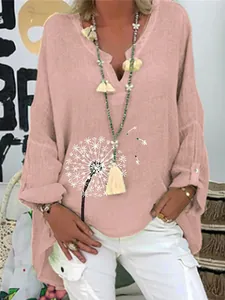 Élégante blouse en coton et lin à col en V avec un motif de pissenlit blanc pour femmes
