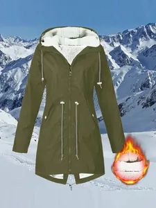 Warm olive green fleece-lined hooded jacket for outdoor hiking in winter snow.
