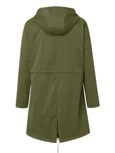 Back view of army green hooded windbreaker with zippered split hem and drawstring waist