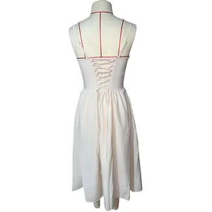 Detailed back view of a French retro camisole midi dress featuring lace-up corset design