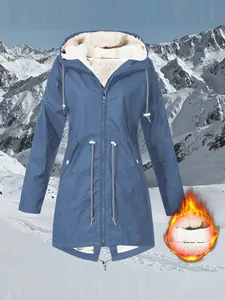 Blue women's winter fleece hooded jacket with a detail showing the warm lining