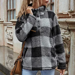 Women's black and white plaid sherpa pullover with button collar detail