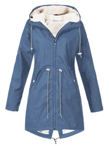 Detailed view of women's fleece-lined blue hooded jacket for autumn and winter outdoor wear