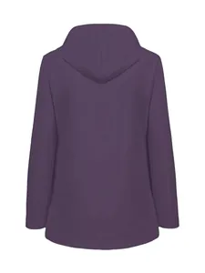 Vue arrière d'une veste d'extérieur à capuche imperméable violet prune sur fond blanc.