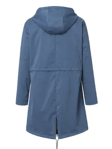 Detailed back view of a blue hooded outdoor mountaineering jacket with adjustable waist cord