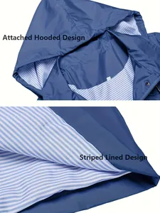Détail montrant la capuche et la doublure rayée du coupe-vent imperméable bleu femme