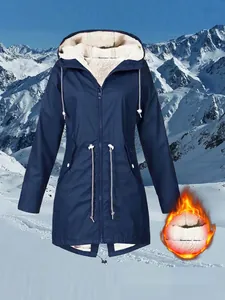 Navy blue hooded outdoor parka featuring a thick warm fleece lining and windproof design