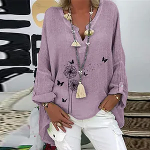 Chemisier violet en coton et lin à col en V avec imprimé papillon et pissenlit