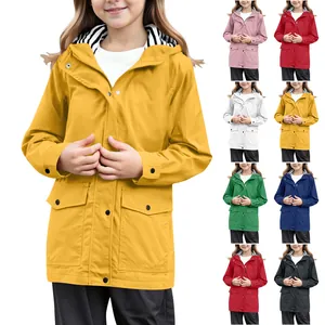 Giacca a Vento con Cappuccio per Ragazze Poliestere Outdoor Casual Top Con Fodera a Righe Cappotto Antivento per Bambine