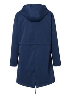 Back view of a navy blue hooded outdoor windbreaker jacket with waist drawstring detail