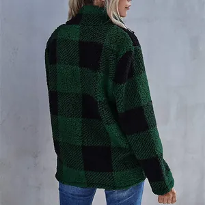 Back view detail of green and black buffalo plaid sherpa fleece pullover for women