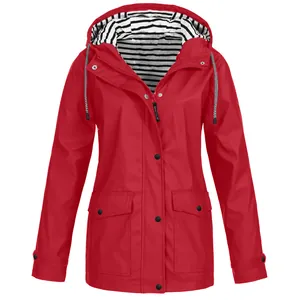 Waterproof red women's hooded windbreaker jacket for outdoor hiking and mountaineering