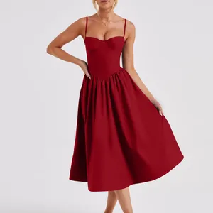Elegant French vintage style red spaghetti strap midi dress featuring a corset bodice fit