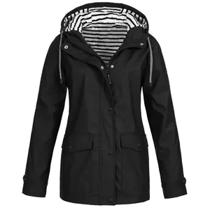Classic black waterproof outdoor rain jacket with striped hood lining for women hiking