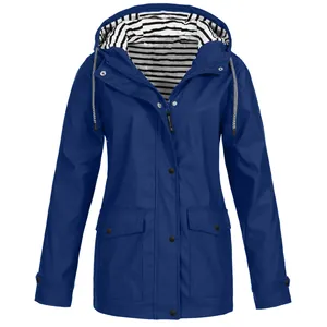 Women's deep blue waterproof hooded raincoat featuring a classic striped lining detail
