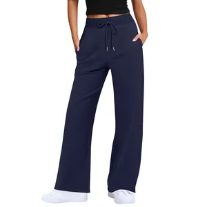Dunkelblaue High-Waist-Sweathose mit weitem Bein und Kordelzug in voller Länge
