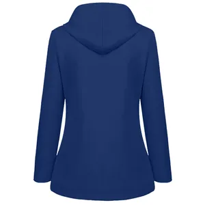 Detailed back view of a navy blue waterproof outdoor hiking jacket with integrated hood