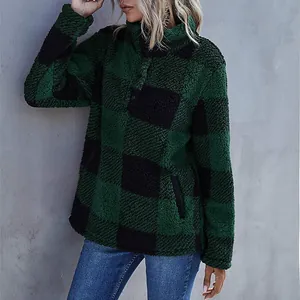 Detail view of women's green and black checkered sherpa fleece pullover sweatshirt