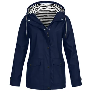 Navy blue women's waterproof outdoor rain jacket featuring a striped hood lining