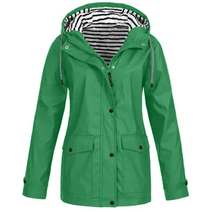 Waterproof green outdoor hooded raincoat windbreaker with striped lining and pockets