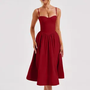 Detailed view of burgundy French vintage midi dress with corset bodice and straps