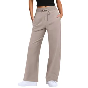 Bequeme Damen Freizeithose mit hoher Taille, Kordelzug und weitem Bein in Uni-Farbe Design