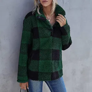 Stylish women's green and black plaid sherpa fleece pullover with high neck detail for autumn