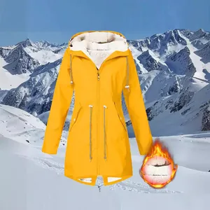 Yellow fleece-lined hooded outdoor climbing jacket for women, waterproof windbreaker