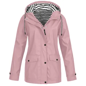 Stylish pink waterproof hooded windbreaker jacket for women with black and white striped lining