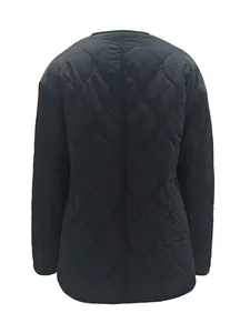 Rückansicht einer dunkelblauen gesteppten Rundhals-Baumwolljacke für den Winter