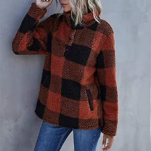 Cozy women's buffalo plaid fleece pullover with funnel neck and sherpa texture for winter.