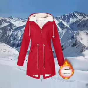 Red fleece-lined hooded mountaineering jacket for outdoor winter wear in snow mountains.