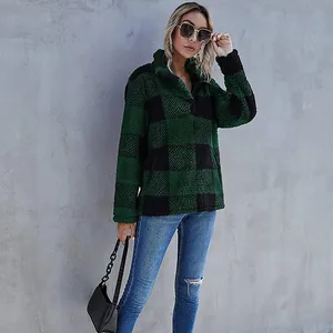 Women's green buffalo plaid sherpa pullover sweatshirt featuring a cozy funnel neck