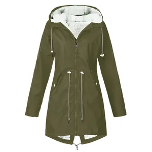 Women's olive green fleece lined hooded windbreaker outdoor hiking jacket