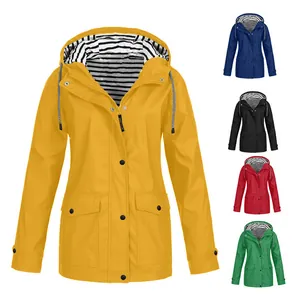 Women Hooded Hiking Jacket Waterproof Outdoor Windbreaker Coat With Stripe Lining Loose Fit Long Sleeve Top For Autumn Winter