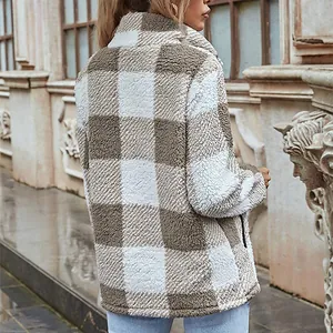 Detailed back view of women's buffalo plaid fleece pullover with soft plush texture