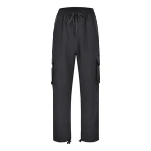 Pantalones cargo negros para hombre con cintura ajustable con cordón y bolsillos
