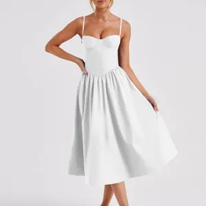 Detail of a white French vintage spaghetti strap midi dress with structured bodice