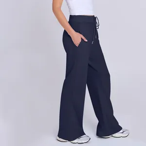 Damen-Sweathose mit hoher Taille und Kordelzug in Dunkelblau mit weitem Bein Fit
