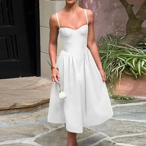 Elegant white French vintage midi dress featuring a structured bustier bodice and thin straps
