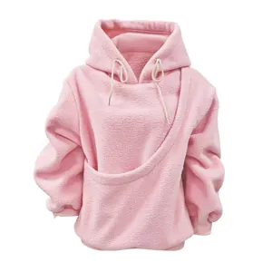 Comfortabele roze pluizige oversized hoodie met huisdierzak en trekkoord capuchon detail