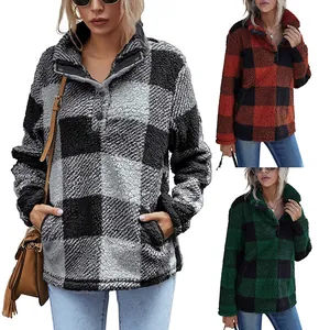 Women's Plaid Fleece Sweatshirt Casual Mock Neck Button Loose Fit Pullover Top Polyester Sherpa Outwear For Autumn Winter