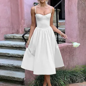 Elegant white French vintage bustier camisole dress with pleated midi skirt and thin straps