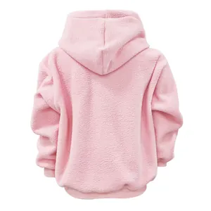 Achteraanzicht van roze fleece hoodie met grote kangoeroezak voor huisdieren